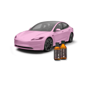 a pink car with bottles of oil