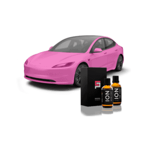 a pink car with bottles of liquid