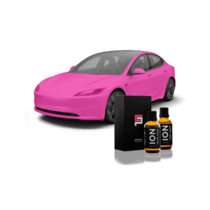 a pink car with bottles of liquid